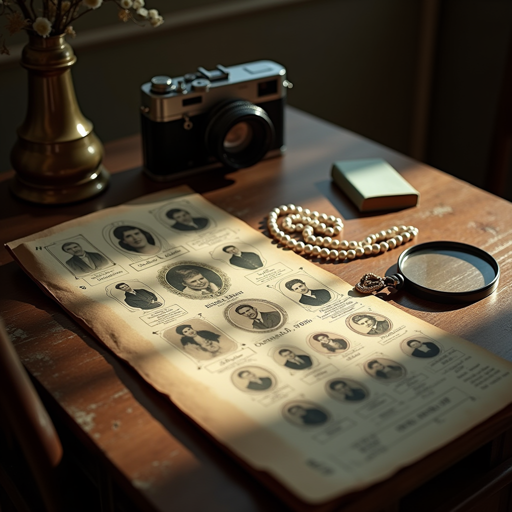 Photo: Genealogy chart, a camera, family heirlooms