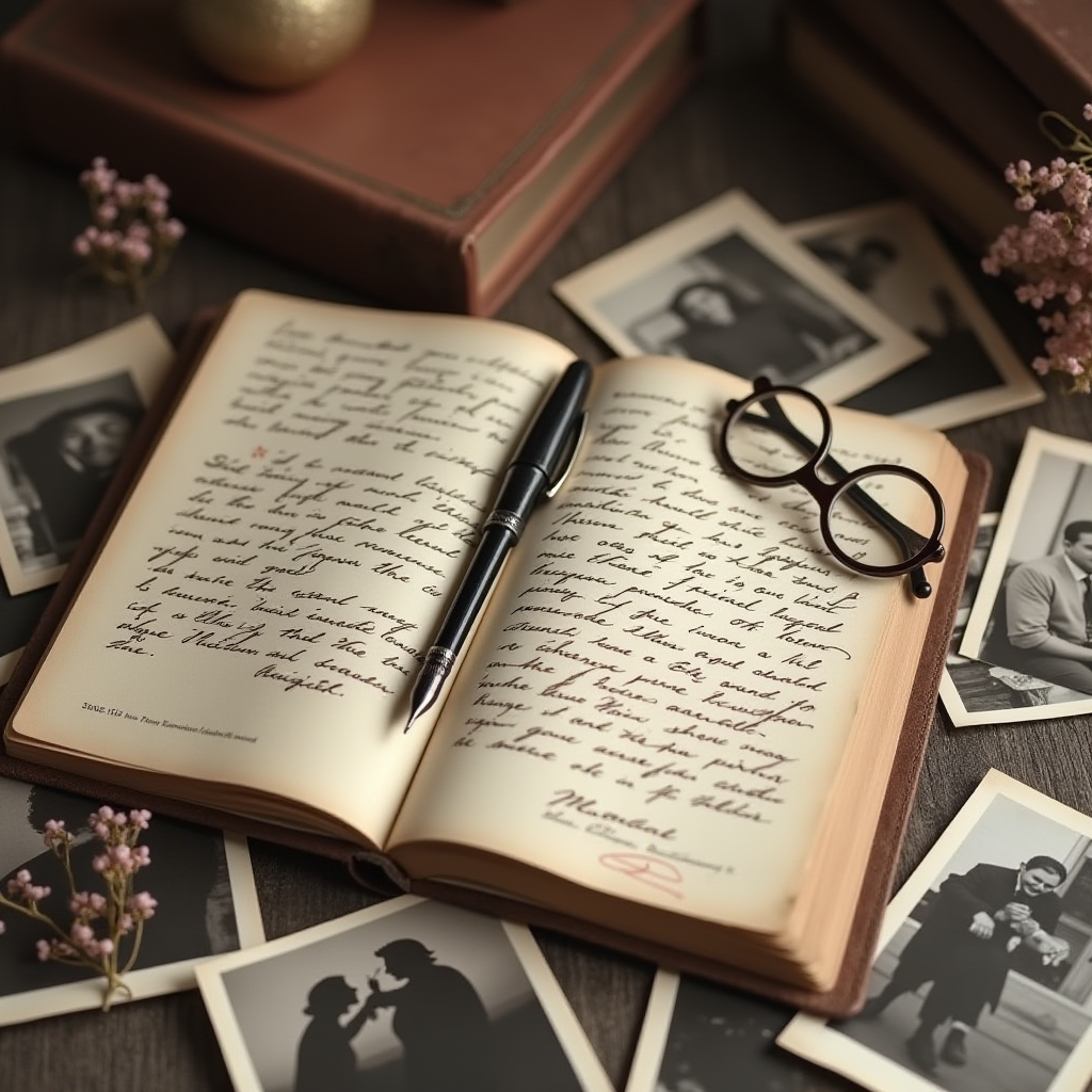photo: a journal and pen surrounded by old photos.