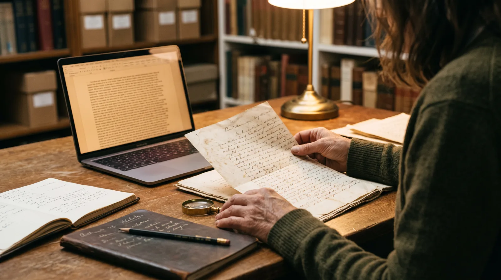 A researcher comparing a faded handwritten document against a transcription on a laptop, with a magnifying glass and pencil notes