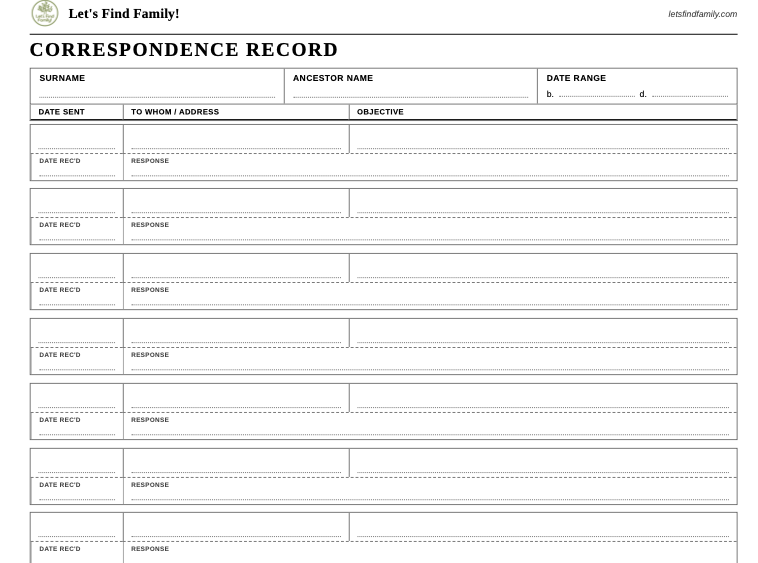 Preview of the Correspondence Record worksheet, showing the surname and ancestor header and paired date sent and date received rows