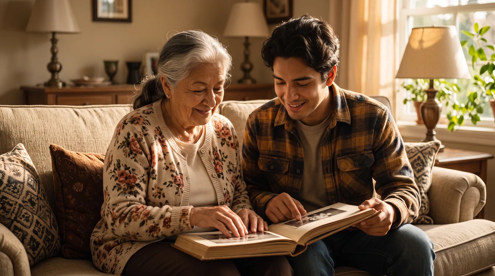 A grandmother and her adult grandson looking through a family photo album together