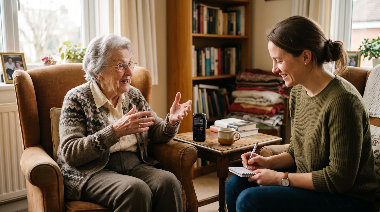 An older woman telling a story from her armchair while a younger woman listens and takes notes, a voice recorder on the table between them