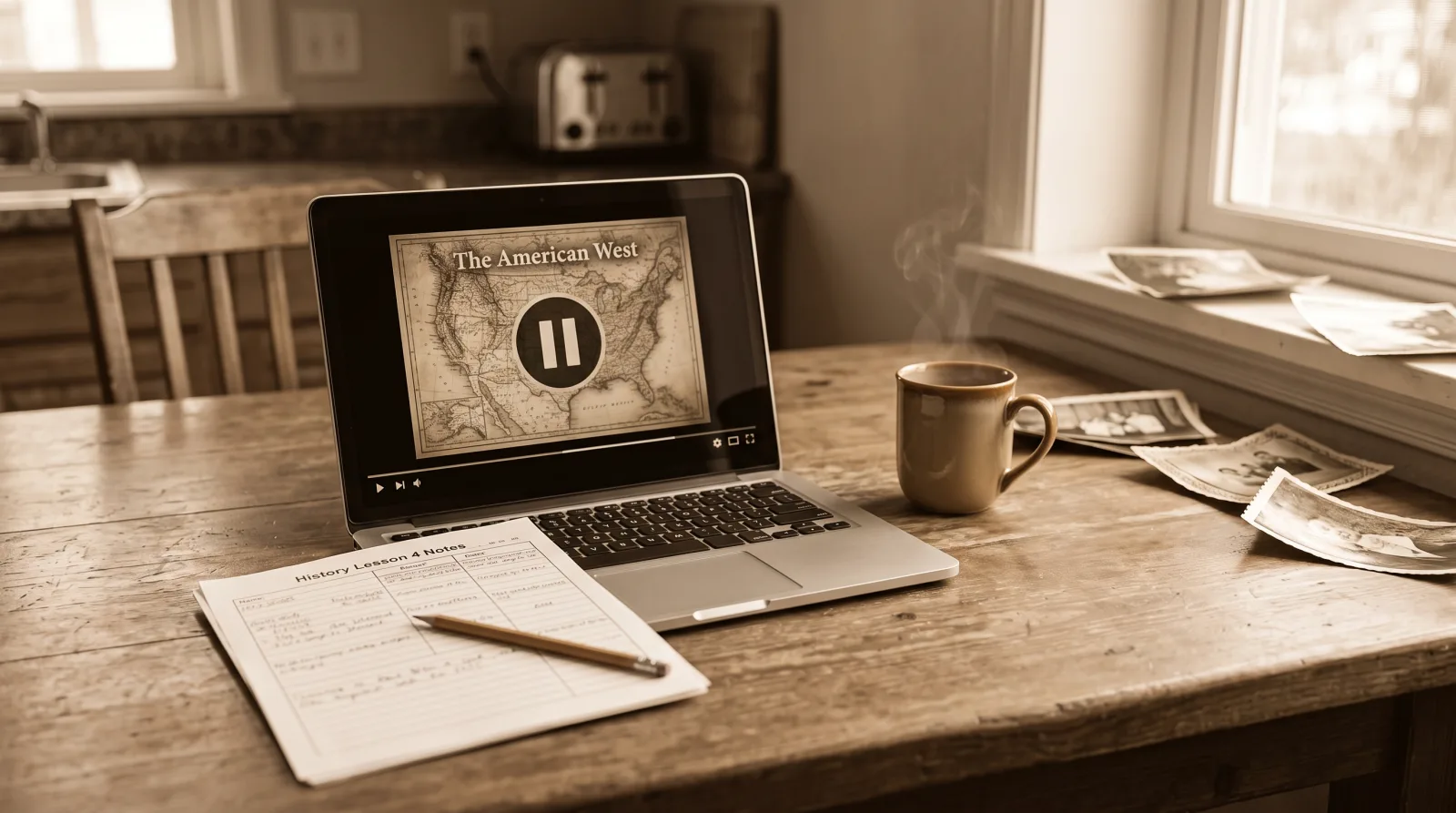A laptop on a kitchen table showing a paused video lesson, with a worksheet and old family photographs beside it