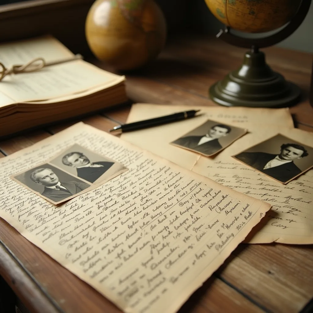 Handwritten letters and old portrait photographs laid out on a table