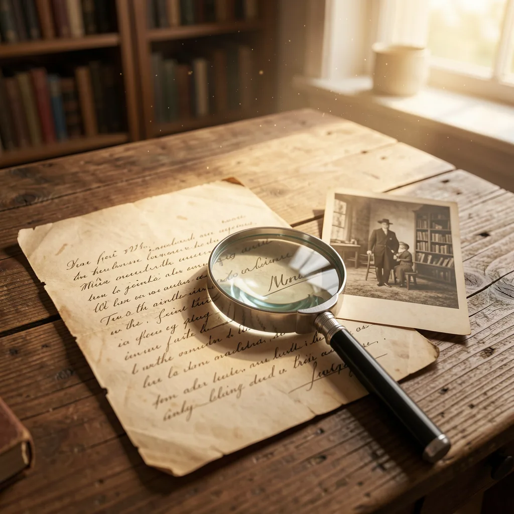 A magnifying glass over a handwritten letter beside an old photograph