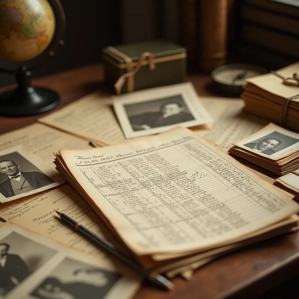 Old records, photographs and a pen spread across a desk