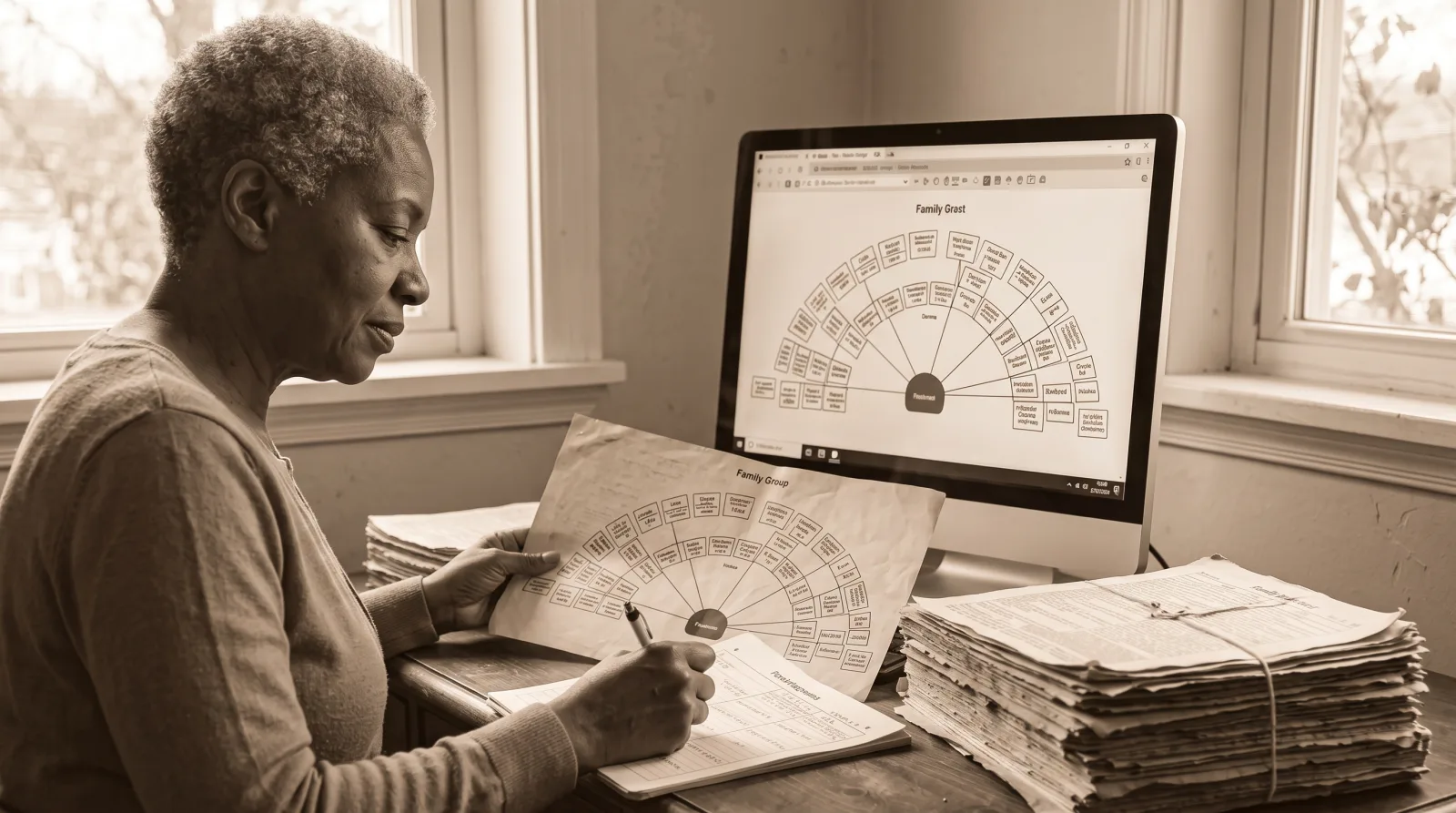 A researcher studying a printed fan chart of her family tree beside a stack of old documents