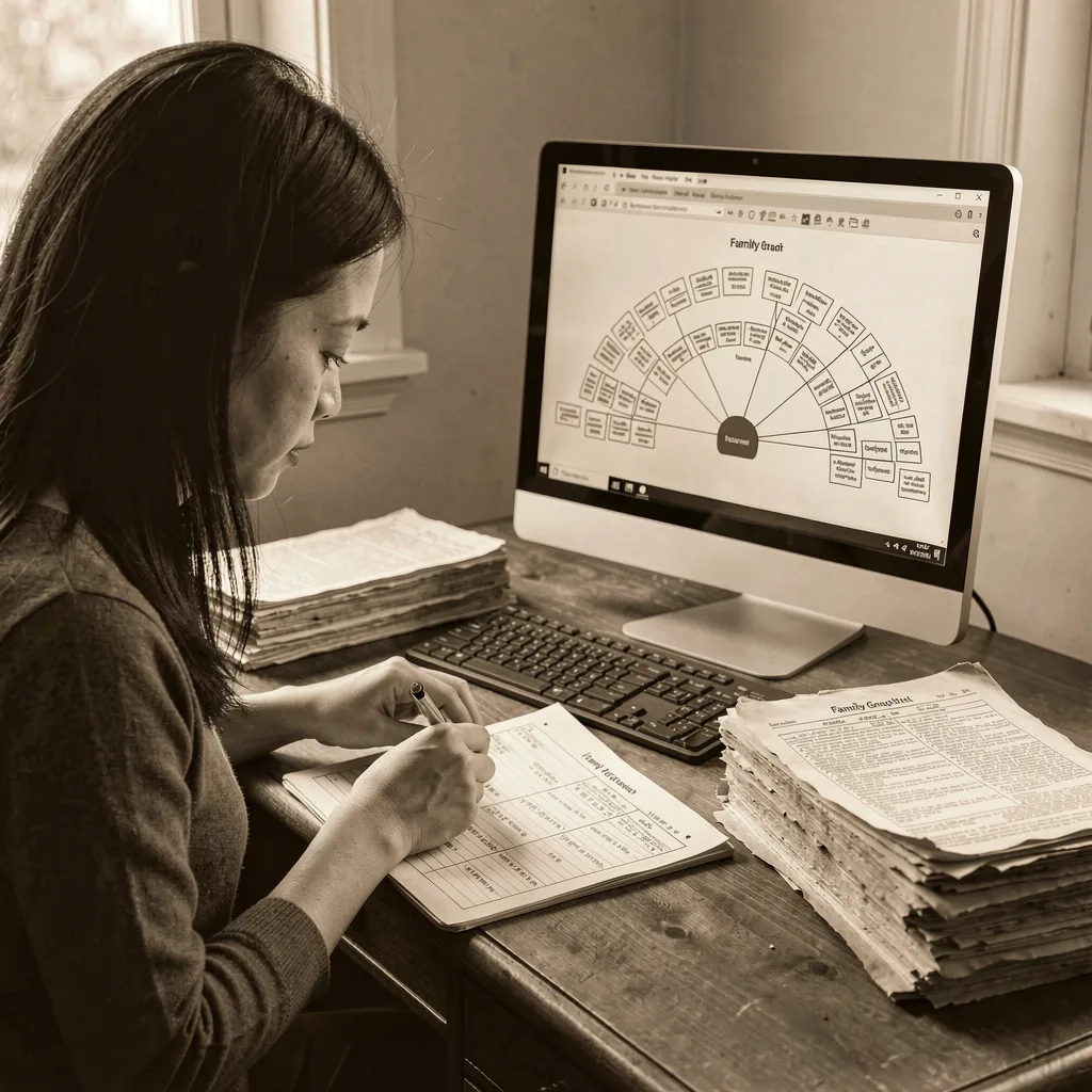 A student building a fan chart of her family at her desk